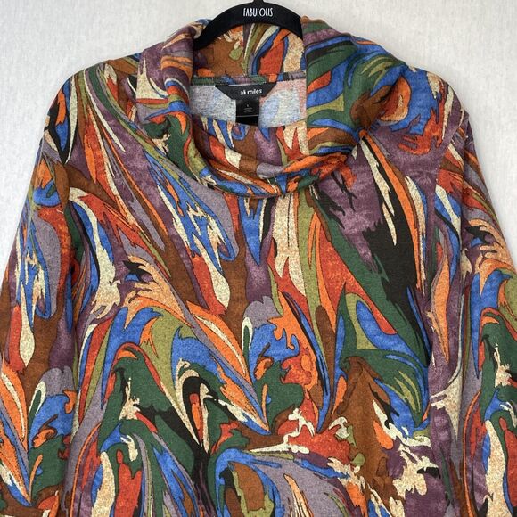 Ali Miles Top Blouse Large Geometric Artsy Art To Wear Cowl Neck Aztec Lagenlook - Picture 2 of 13